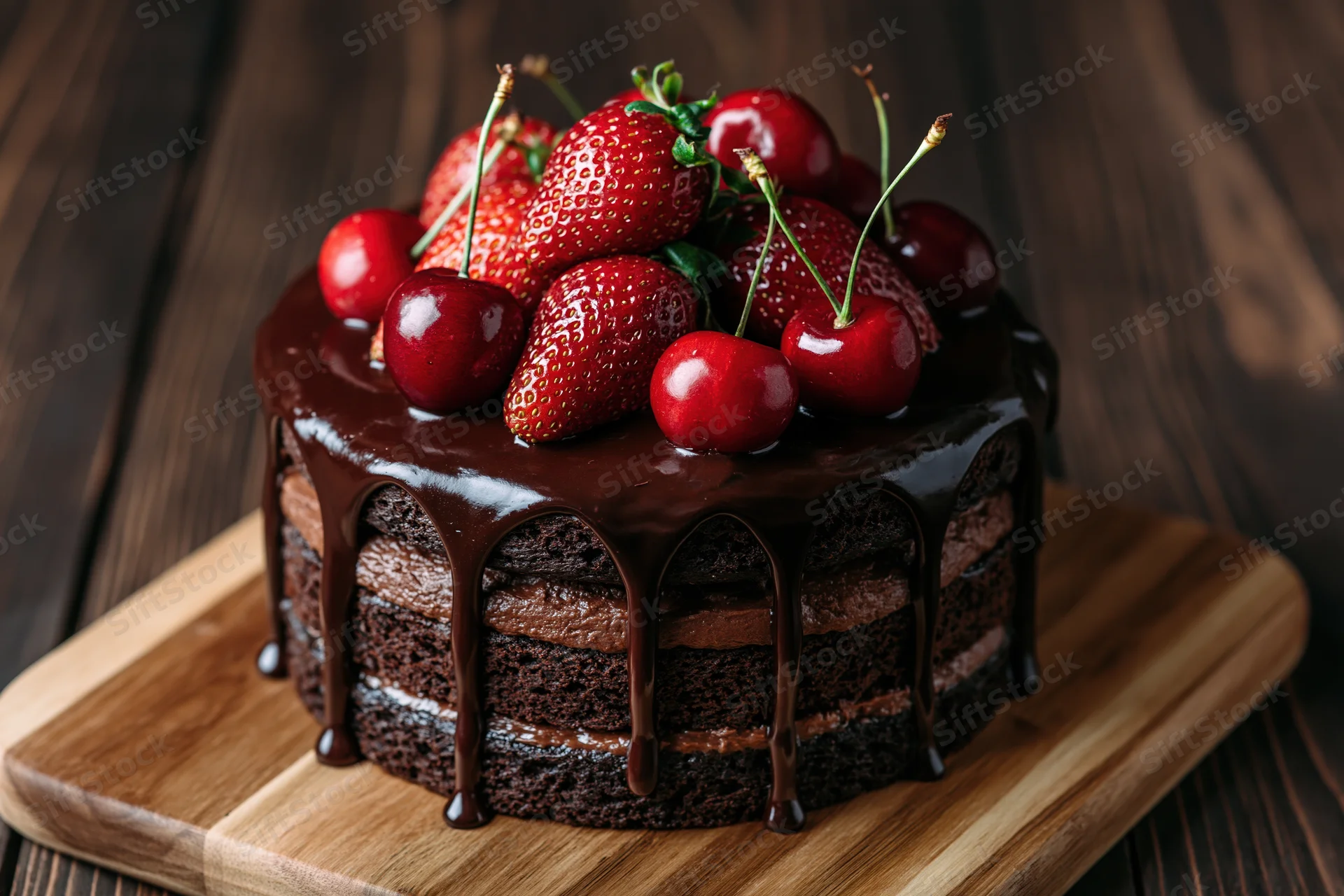 Layered chocolate drip cake with strawberries and cherries on a wooden serving board
