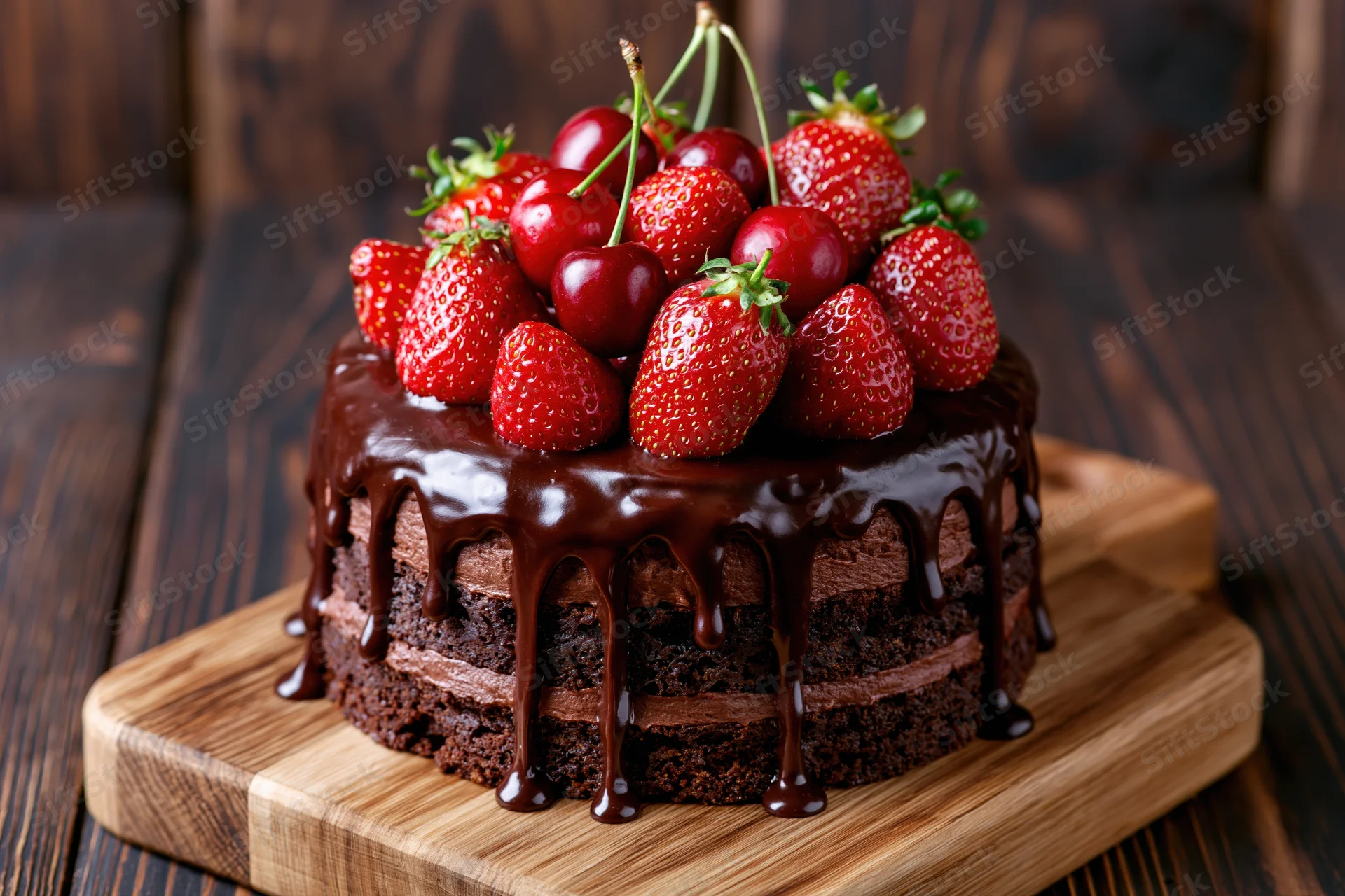 Layered chocolate drip cake with strawberries and cherries on a wooden serving board