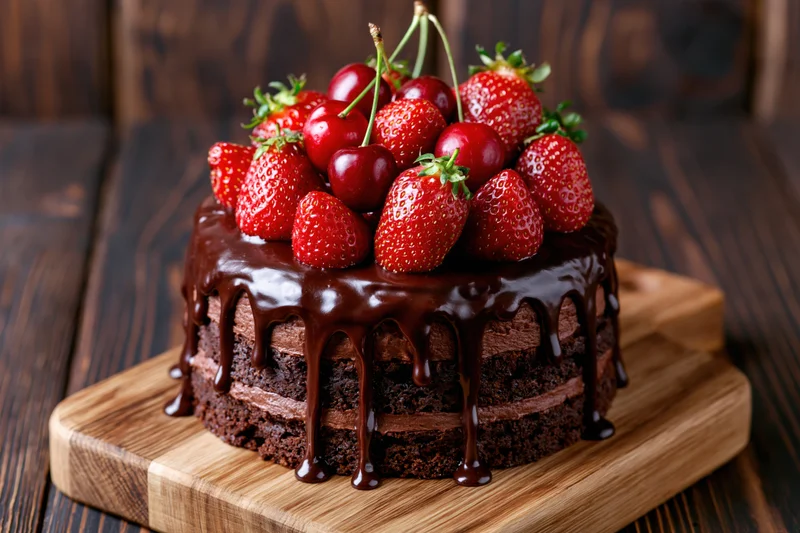 Layered chocolate drip cake with strawberries and cherries on a wooden serving board