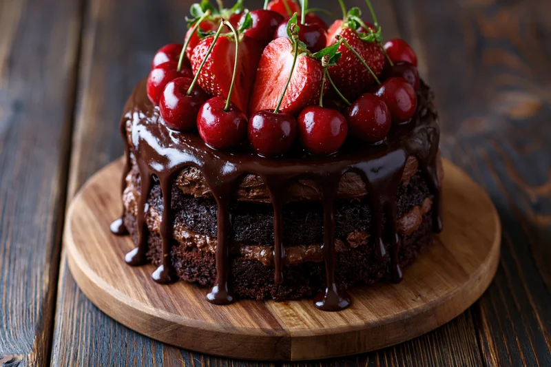 Layered chocolate drip cake on a board topped with cherries
