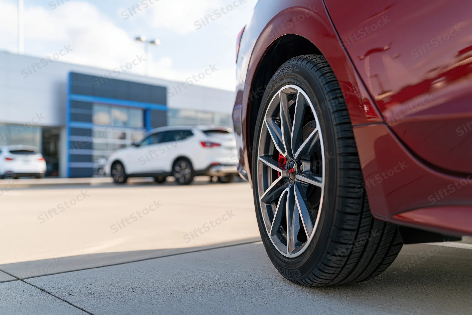 Closeup of red sedan's rear wheel on pavement at car dealership with white suv and building in background