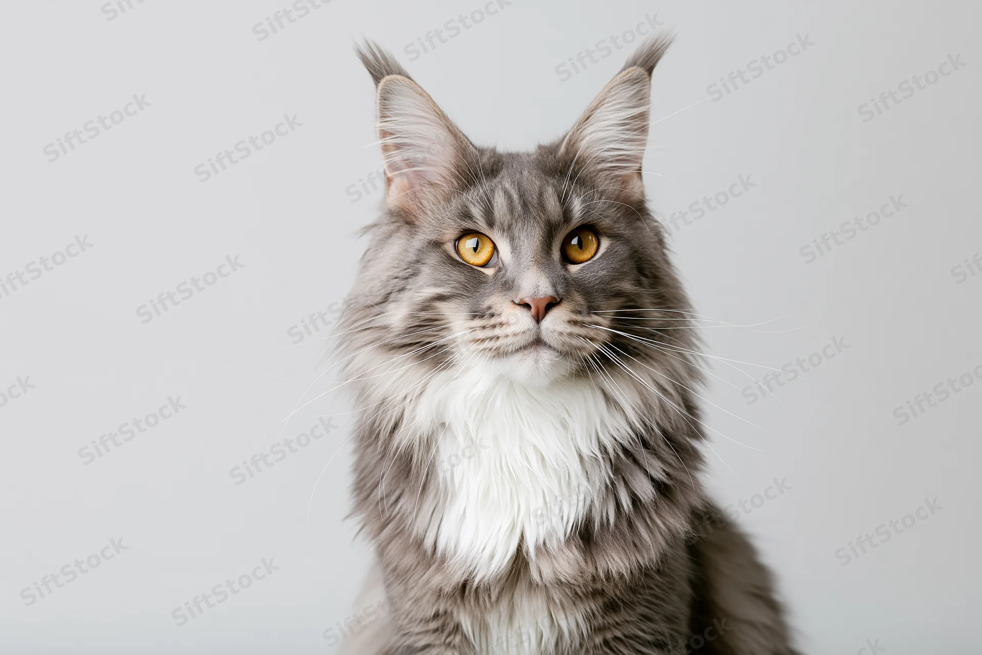 Maine coon cat sitting upright with alert gaze in studio portrait