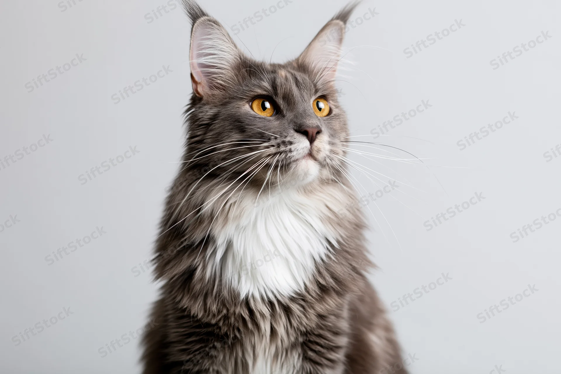 Maine coon cat sitting upright with alert gaze in studio portrait