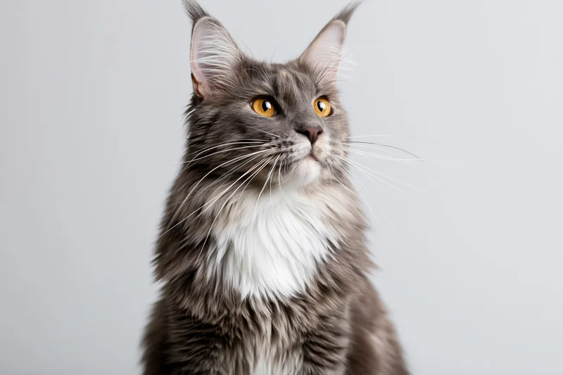 Maine coon cat sitting upright with alert gaze in studio portrait