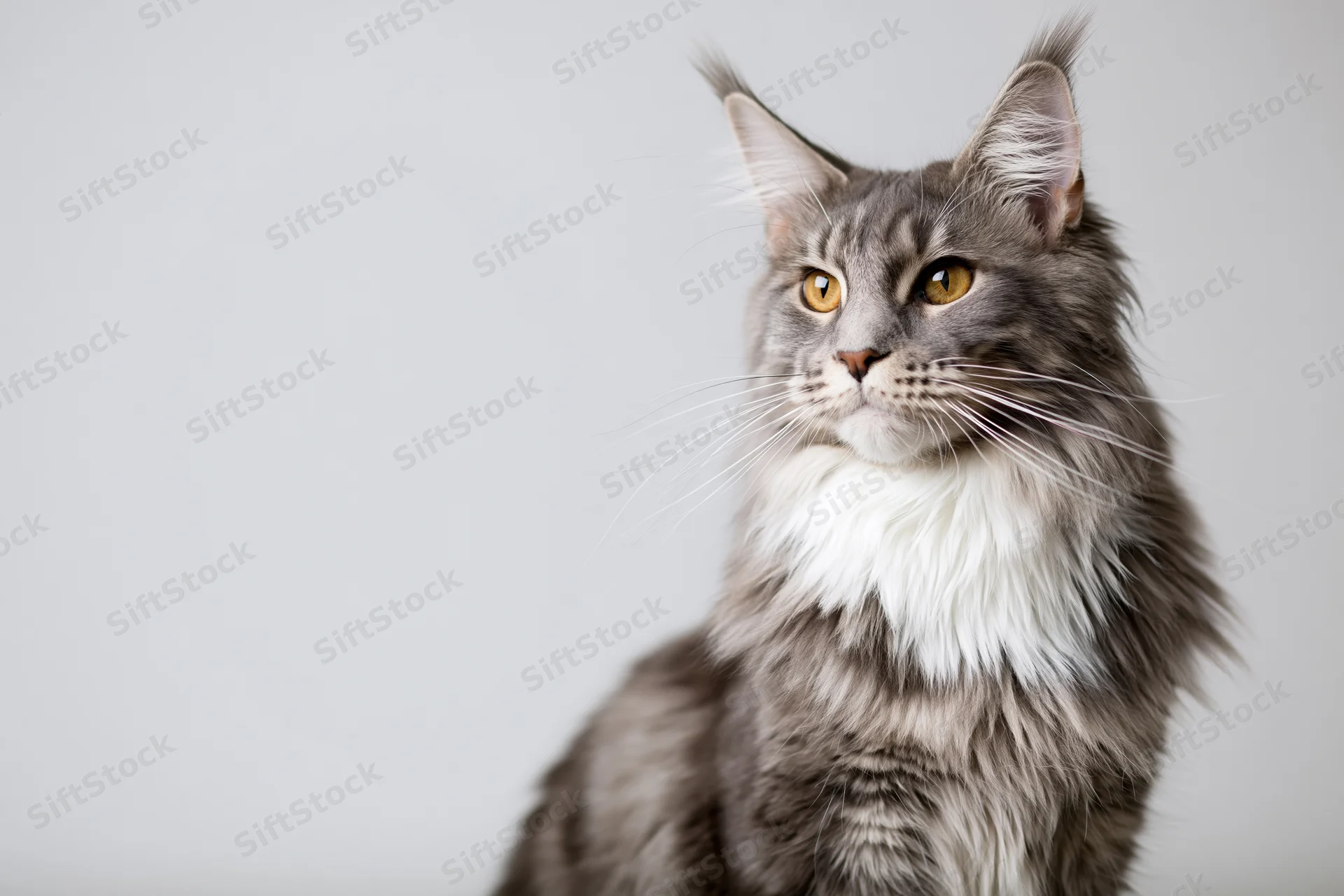 Maine coon cat sitting upright and looking slightly off-camera in studio portrait with light background