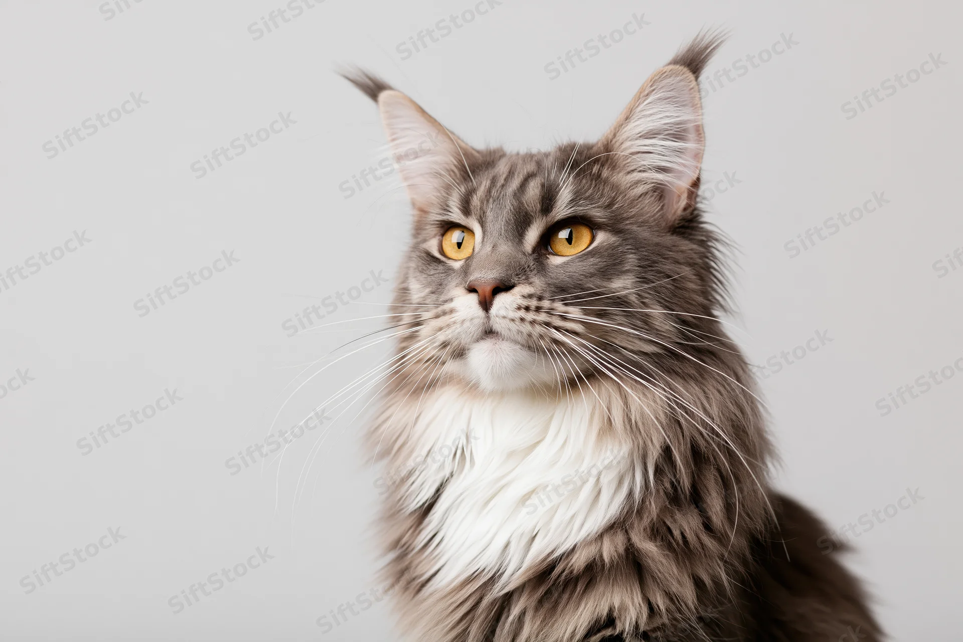 Maine coon cat with alert yellow eyes looking slightly off-camera in studio portrait