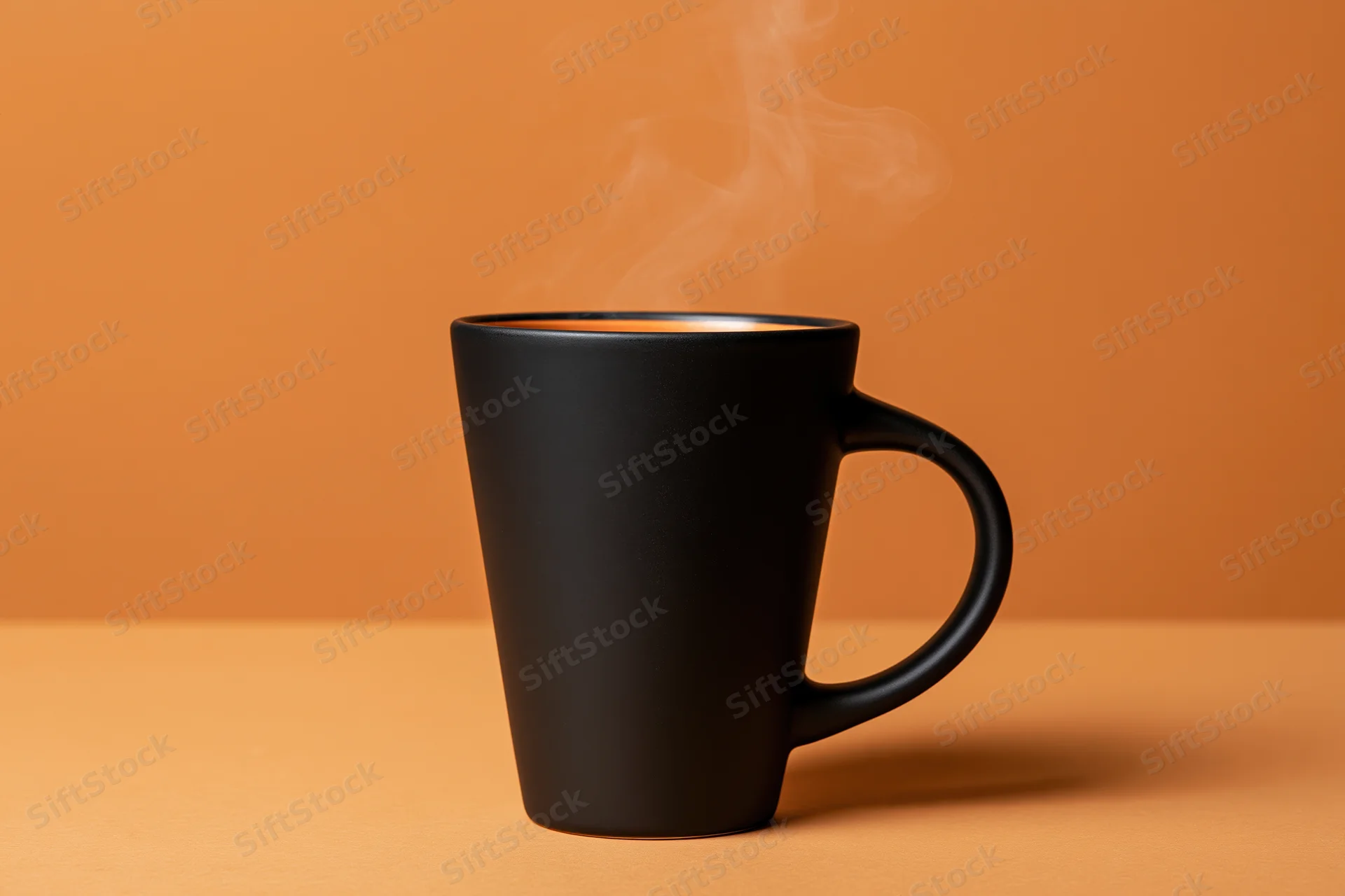Black ceramic coffee mug with steam rising on orange surface