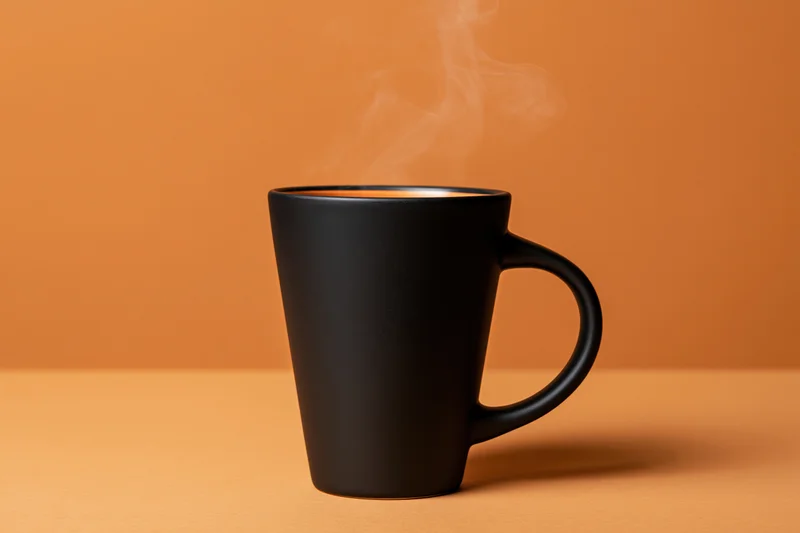 Black ceramic coffee mug with steam rising on orange surface