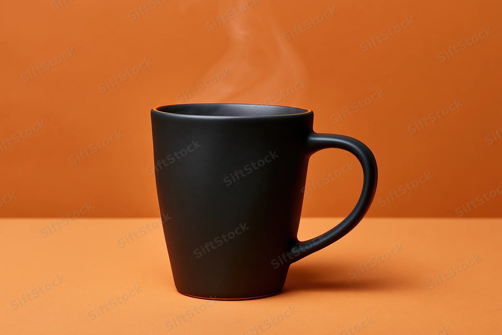 Matte black ceramic coffee mug with steam rising on orange surface