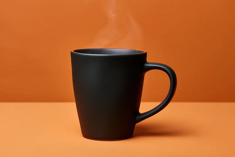 Matte black ceramic coffee mug with steam rising on orange surface