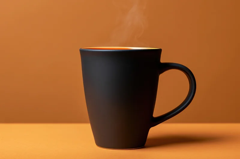 Matte black ceramic coffee mug with steam rising on orange surface