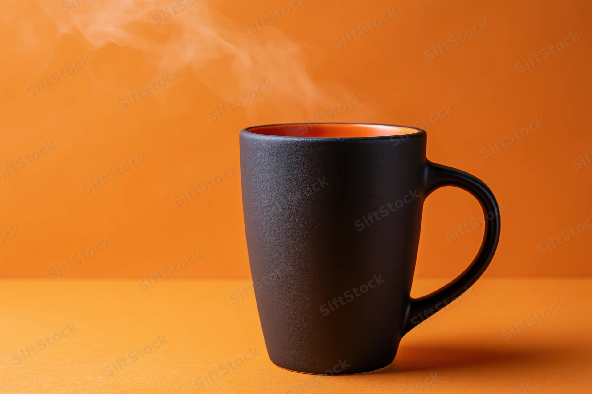 Matte black ceramic coffee mug with steam rising on orange surface