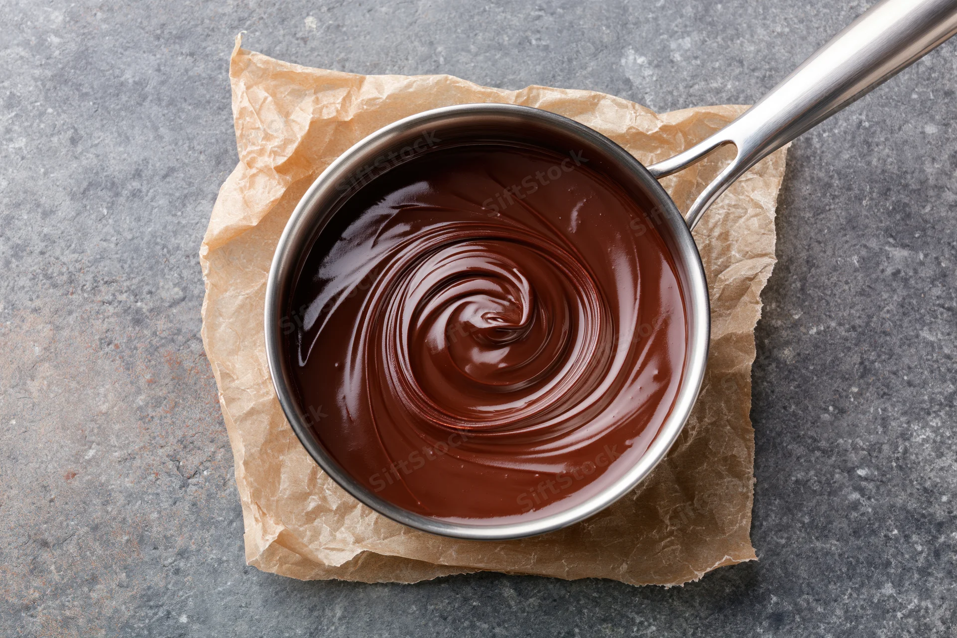 Melted chocolate swirling in a small stainless steel saucepan on parchment paper over gray countertop
