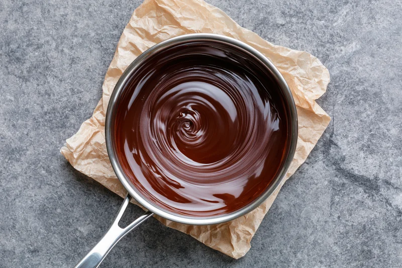 Melted chocolate swirling in a small stainless steel saucepan on parchment paper over a gray stone surface