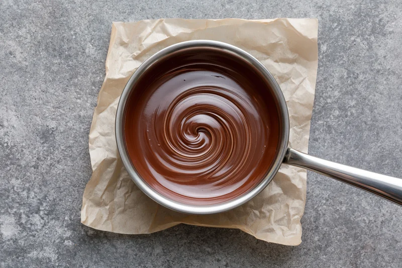 Melted chocolate swirling in a small stainless steel saucepan on parchment paper over gray surface