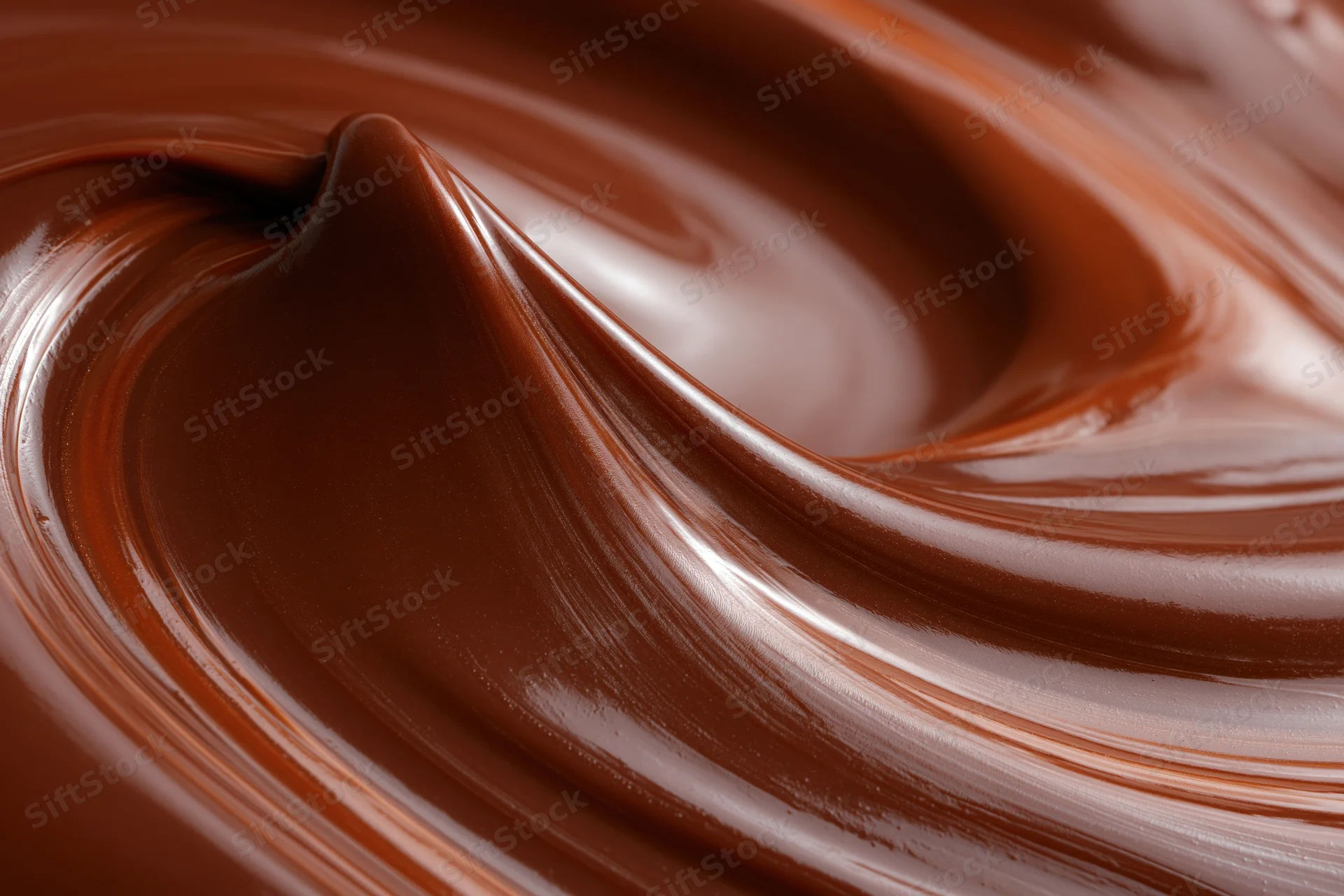 Swirling melted milk chocolate in smooth flowing waves closeup