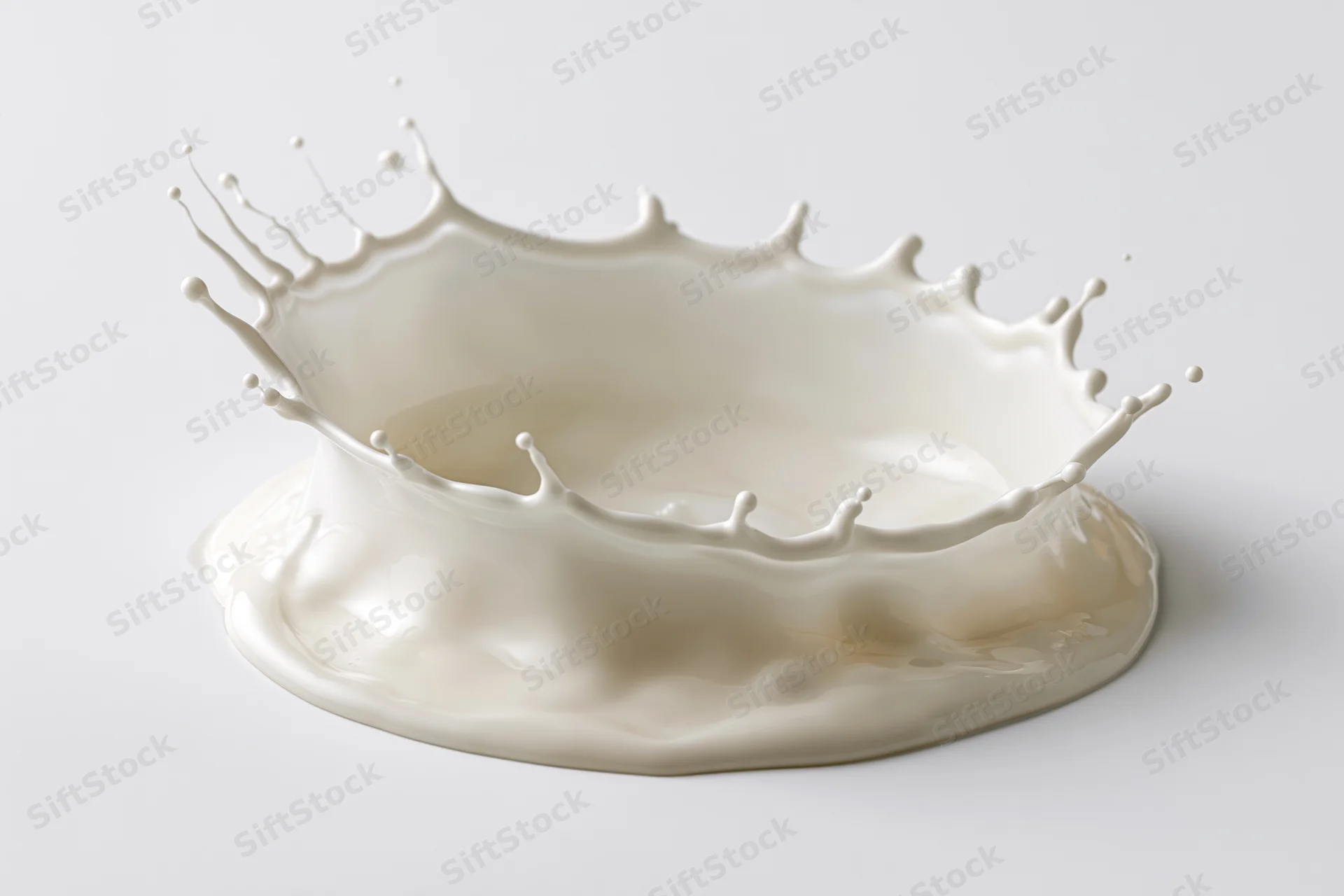 Milk splash frozen in motion forming a crown shape on a white surface