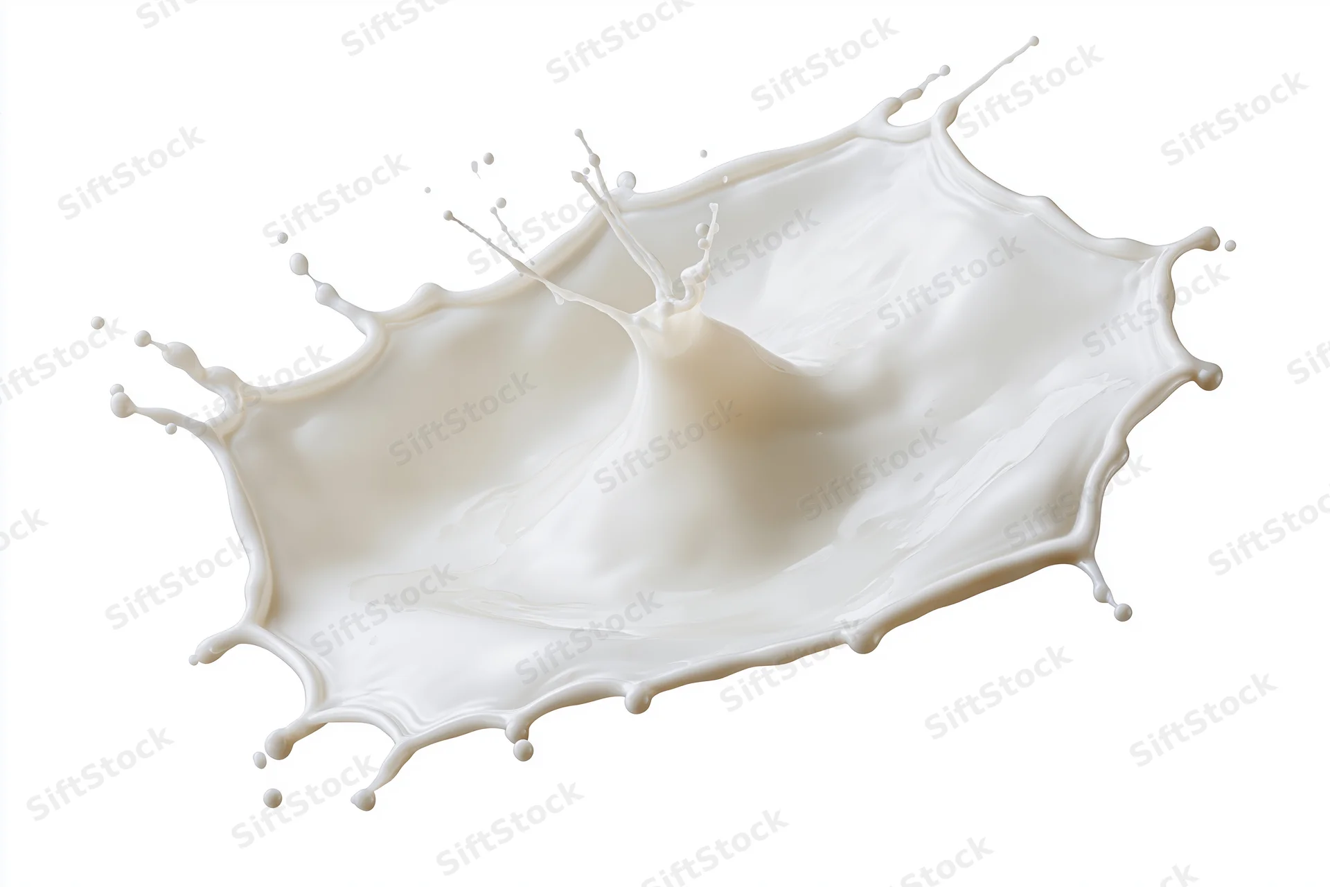 Milk splash frozen in motion forming an irregular crown shape against white background