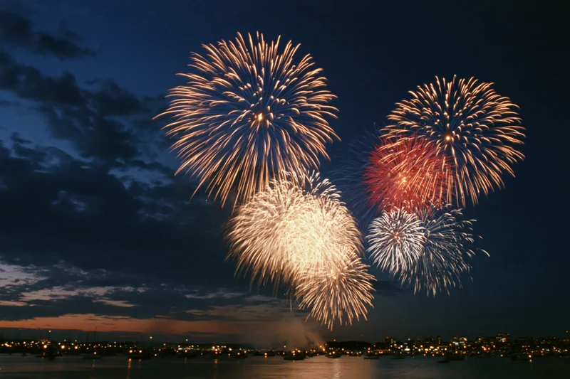 Fireworks bursting over a dark harbor at night with city lights reflecting on the water