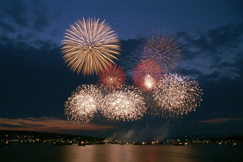 Fireworks bursting over a dark harbor at night with city lights and boats below