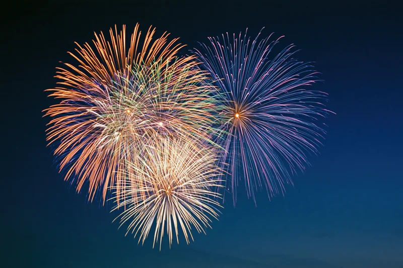 Multiple fireworks bursting simultaneously in the night sky