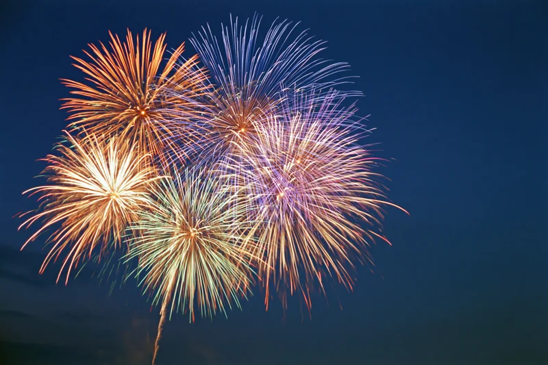 Multiple fireworks bursting simultaneously in the night sky