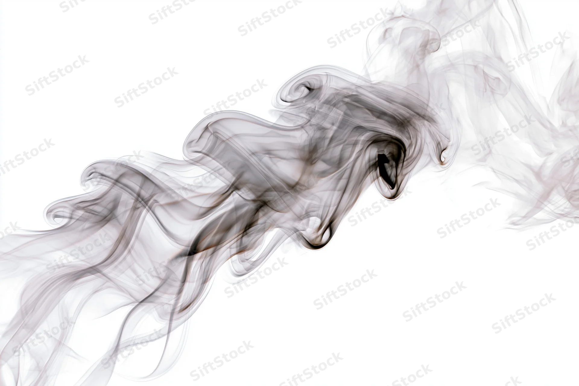Dark smoke wisps curling and drifting upward against white background