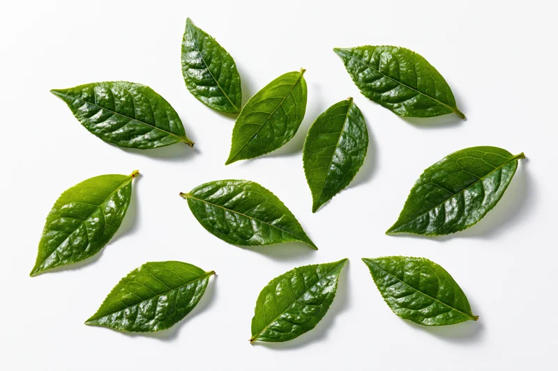 Fresh green tea leaves scattered in a floating arrangement on white background