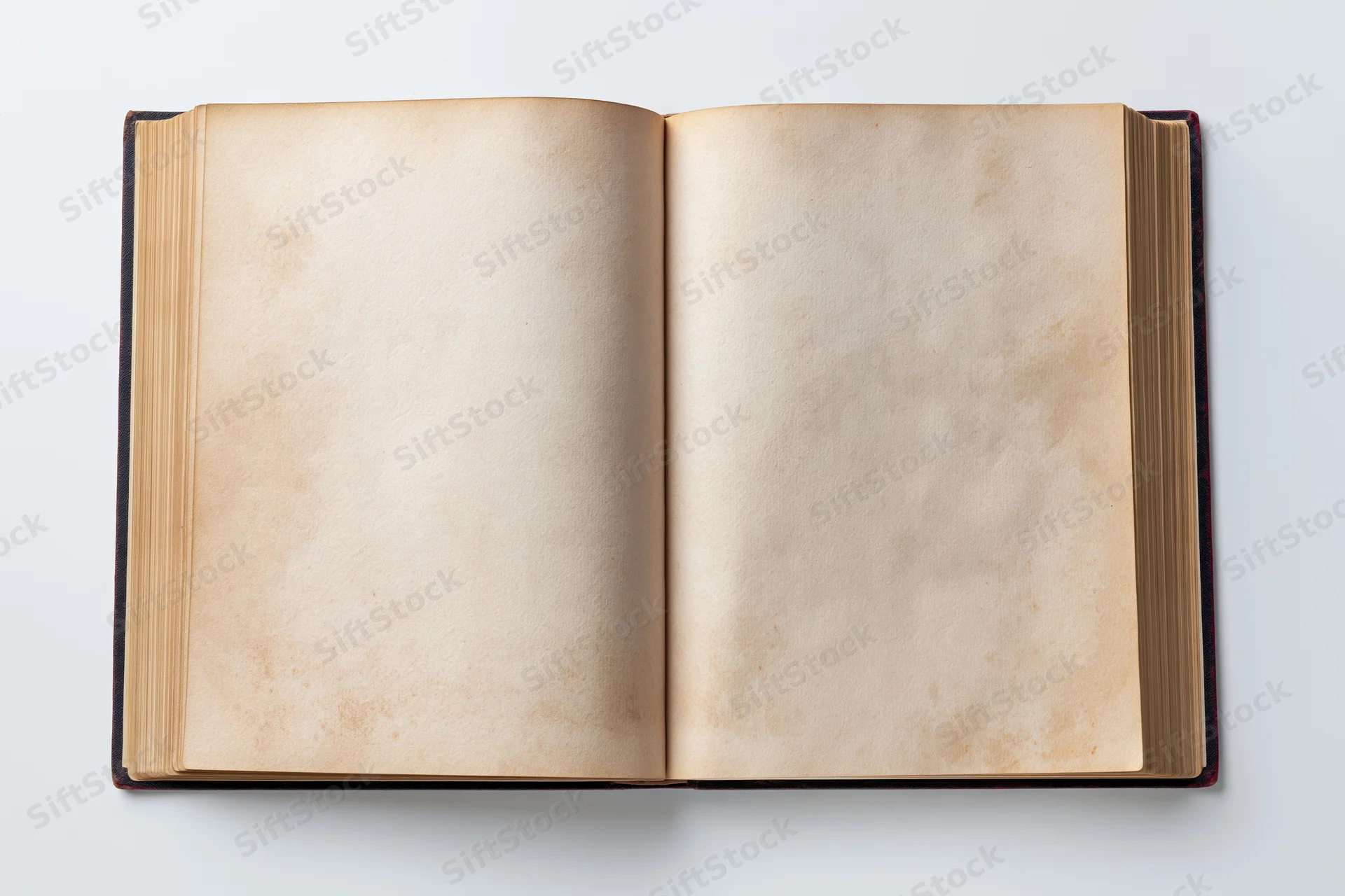 Open vintage hardcover book with blank aged pages on white background