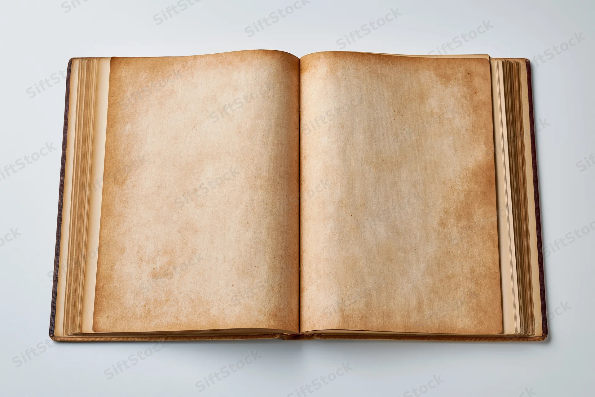 Open vintage hardcover book with blank aged pages on white background