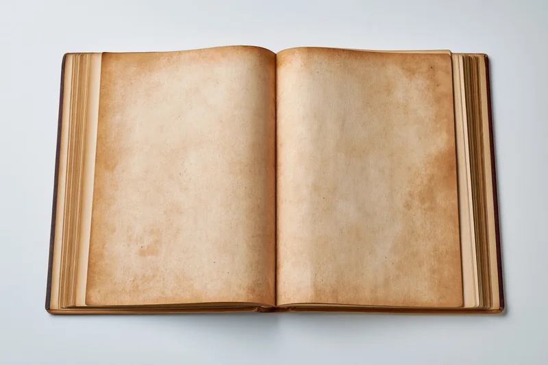 Open vintage hardcover book with blank aged pages on white background