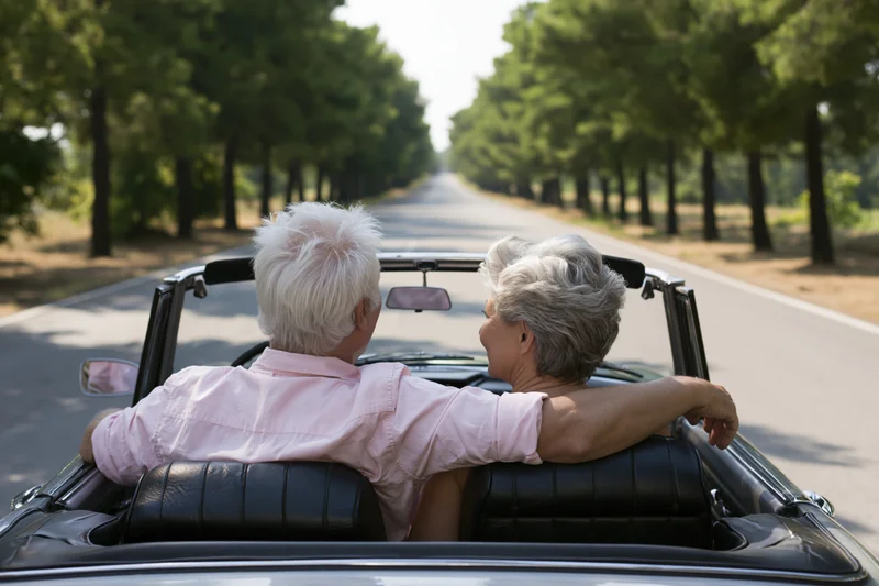 Senior couple driving vintage convertible on tree-lined road, seen from behind, arms around each other