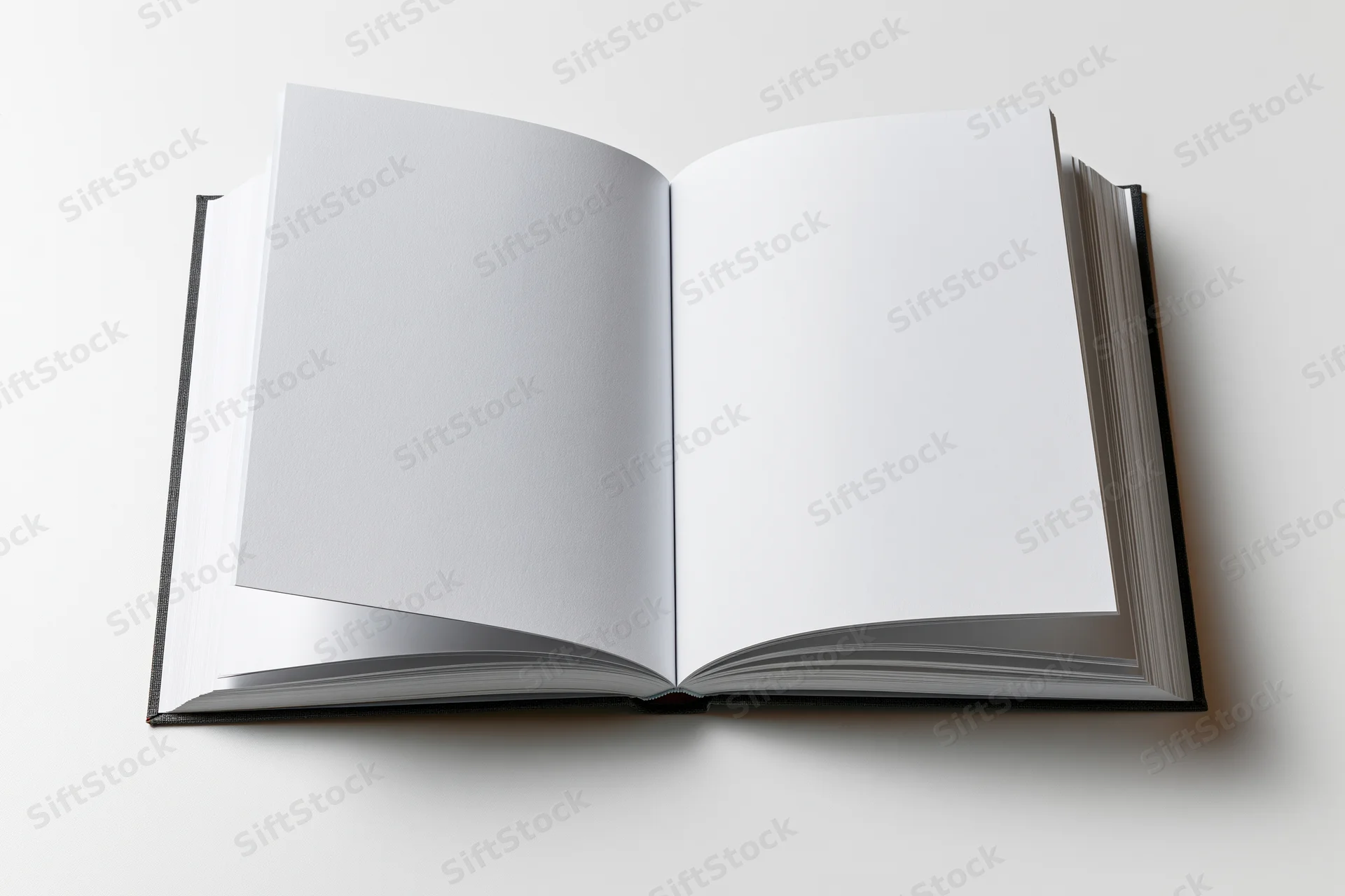 Open hardcover book lying flat with blank white pages on white surface