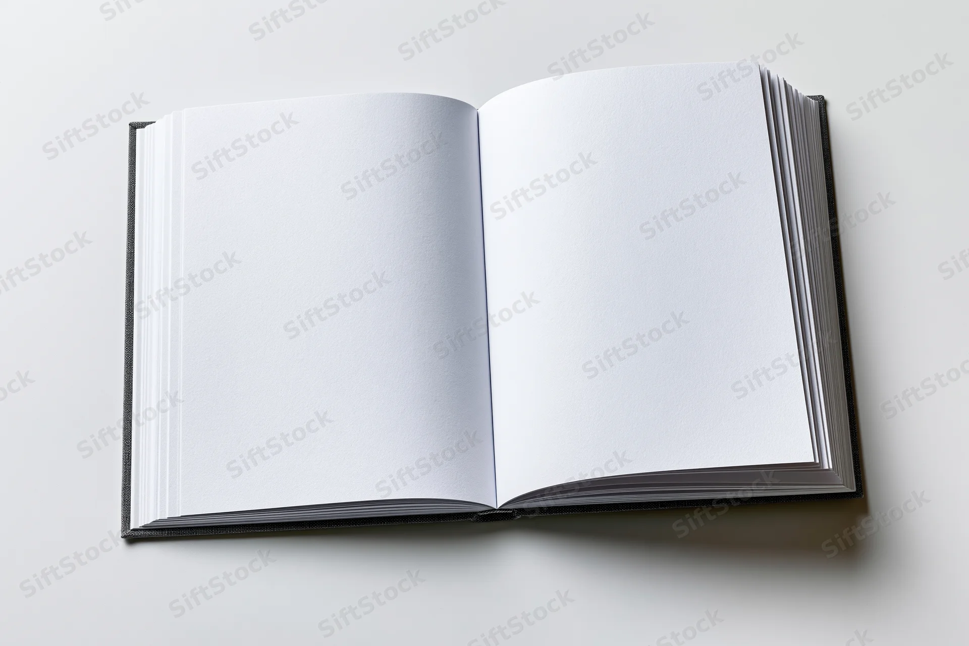 Open hardcover book with blank white pages lying flat on white surface