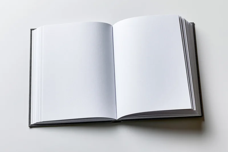 Open hardcover book lying flat with blank pages visible