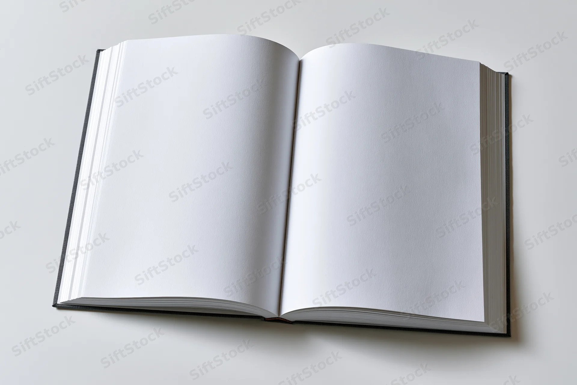 Open hardcover book lying flat with blank white pages on a plain surface