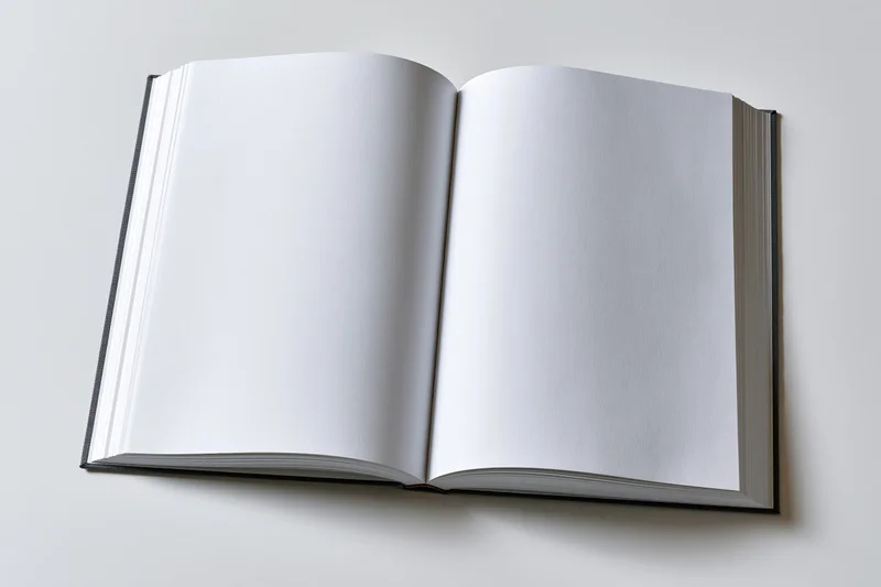 Open hardcover book lying flat with blank white pages on a plain surface