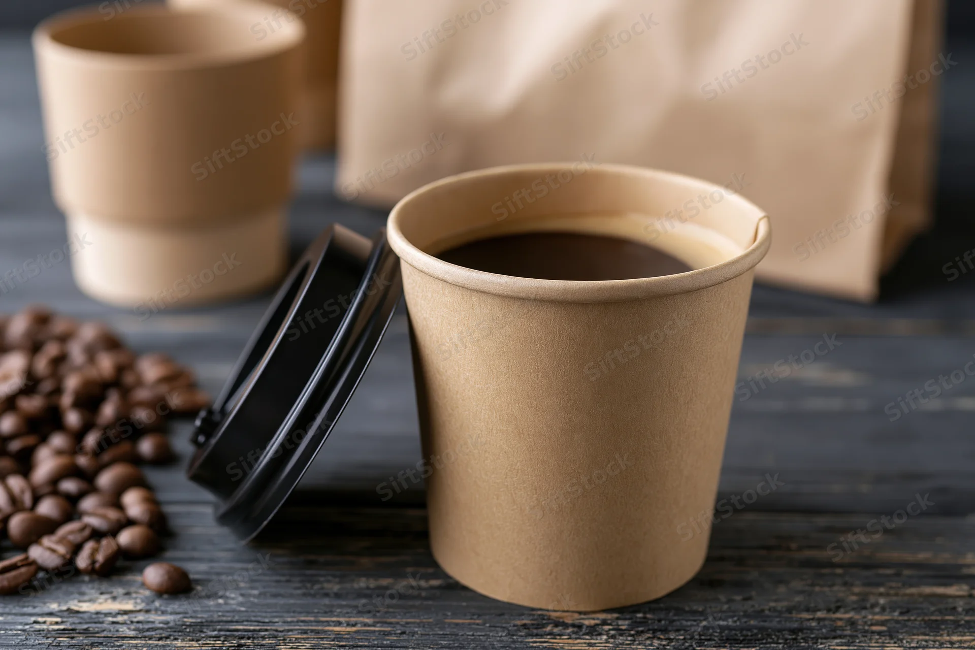 Open kraft paper coffee cup filled with dark espresso on dark wooden table with scattered coffee beans and paper bag nearby