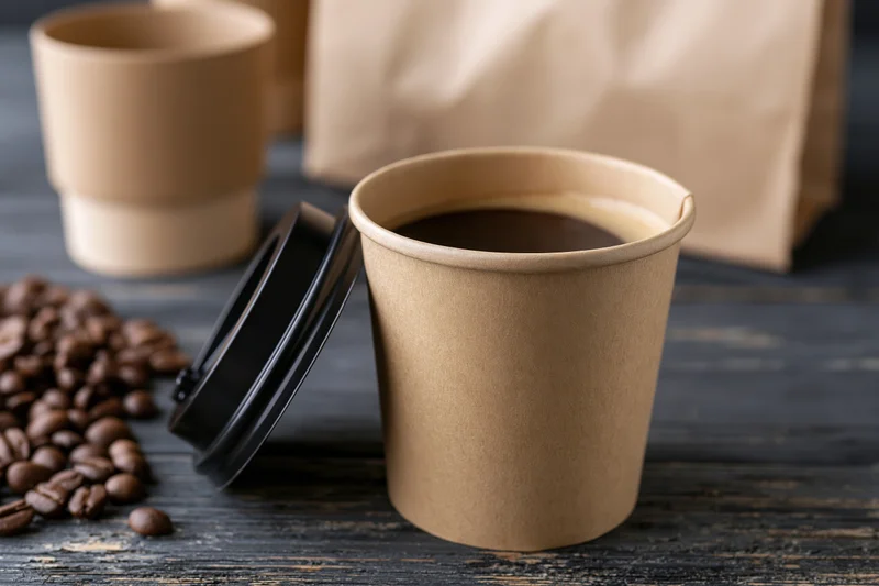 Open kraft paper coffee cup filled with dark espresso on dark wooden table with scattered coffee beans and paper bag nearby