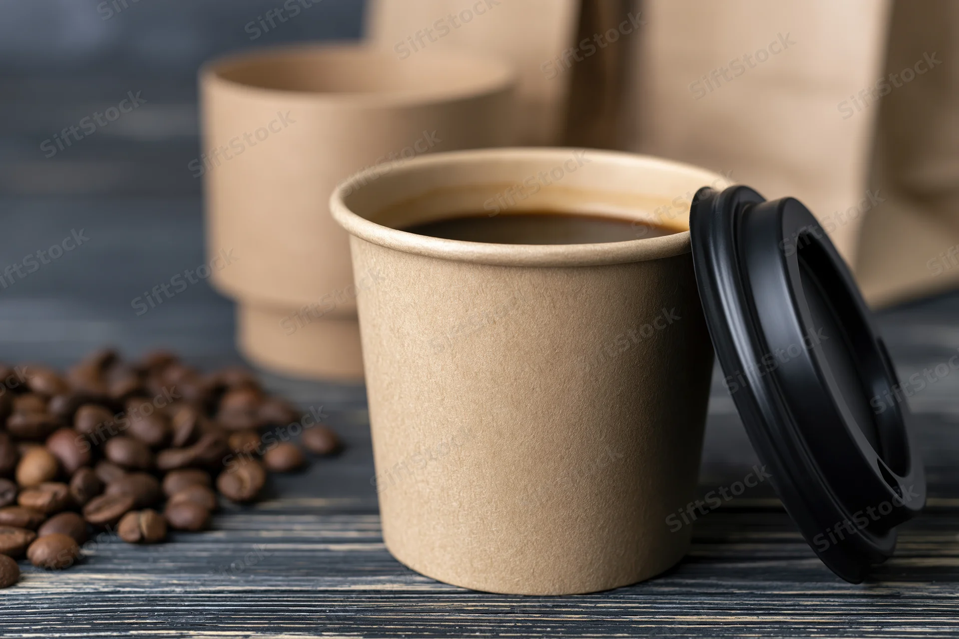 Open kraft paper coffee cup filled with dark espresso on dark wooden table with coffee beans scattered nearby