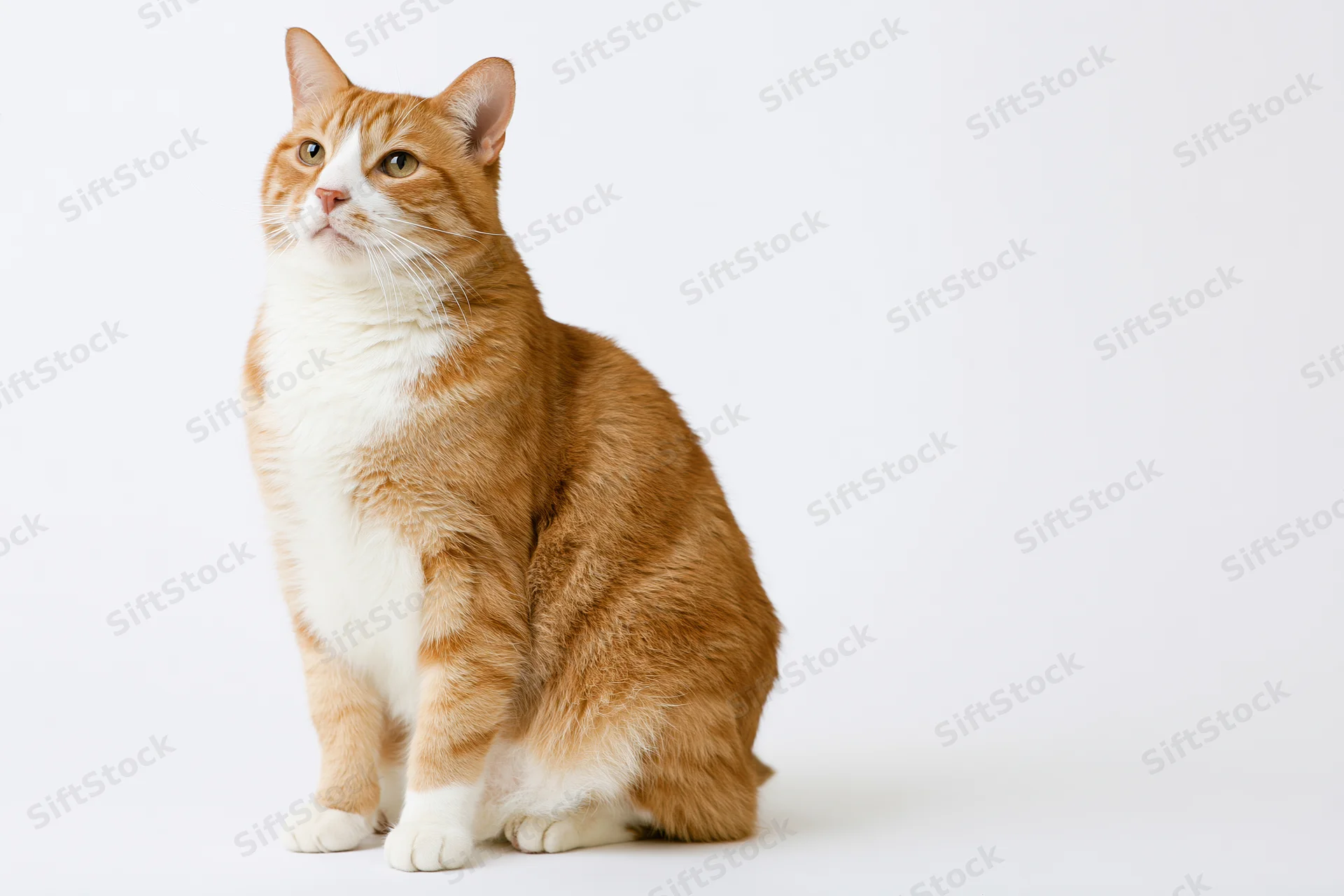 Orange and white domestic shorthair cat sitting upright on white background