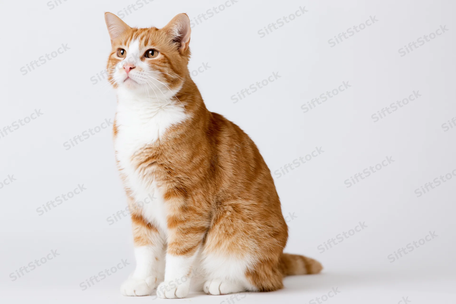 Orange and white domestic shorthair cat sitting upright on white background