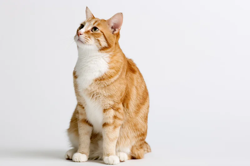 Orange and white domestic shorthair cat sitting upright looking up in studio setting