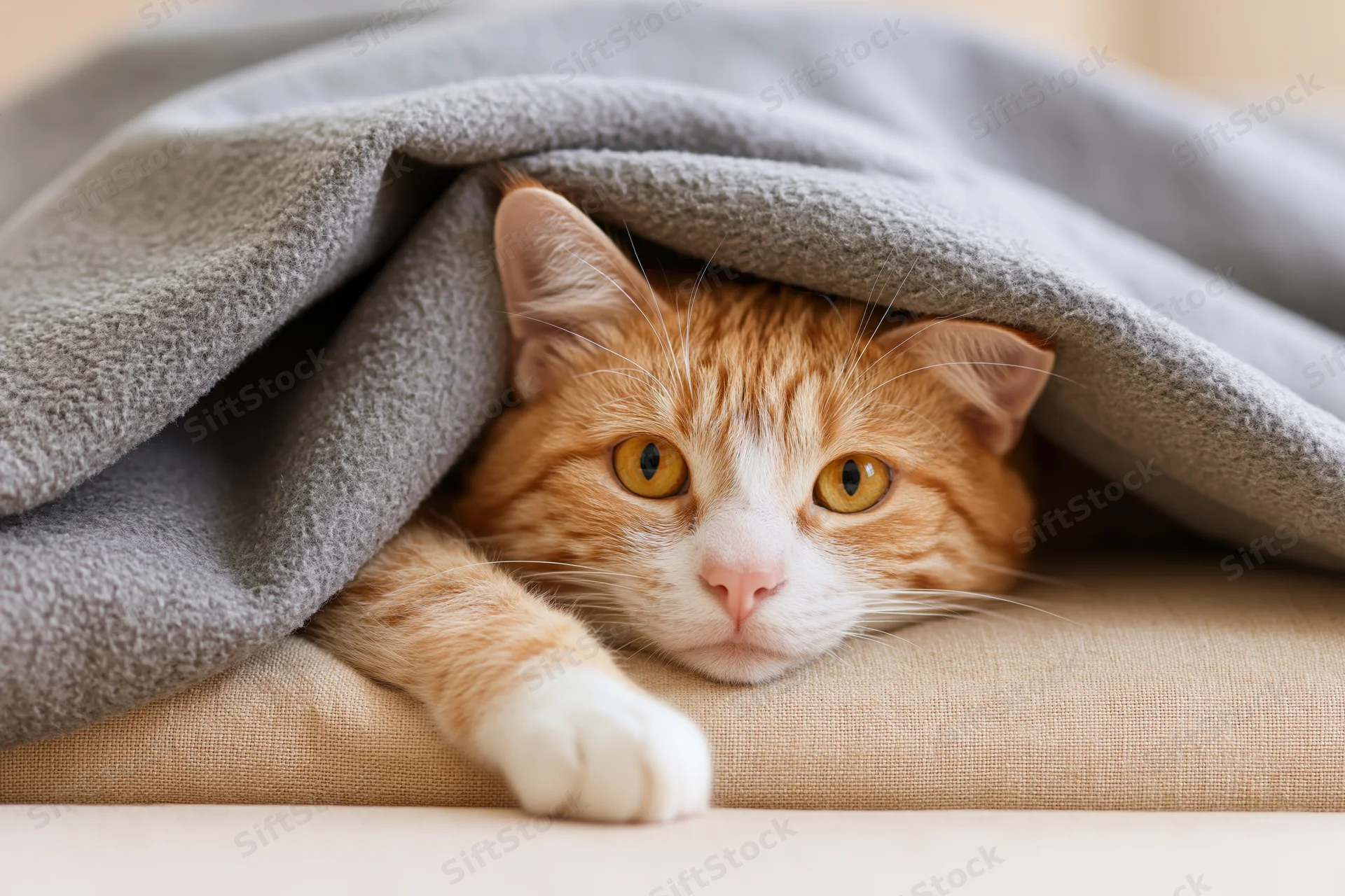 Orange tabby cat peeking from under grey fleece blanket on couch