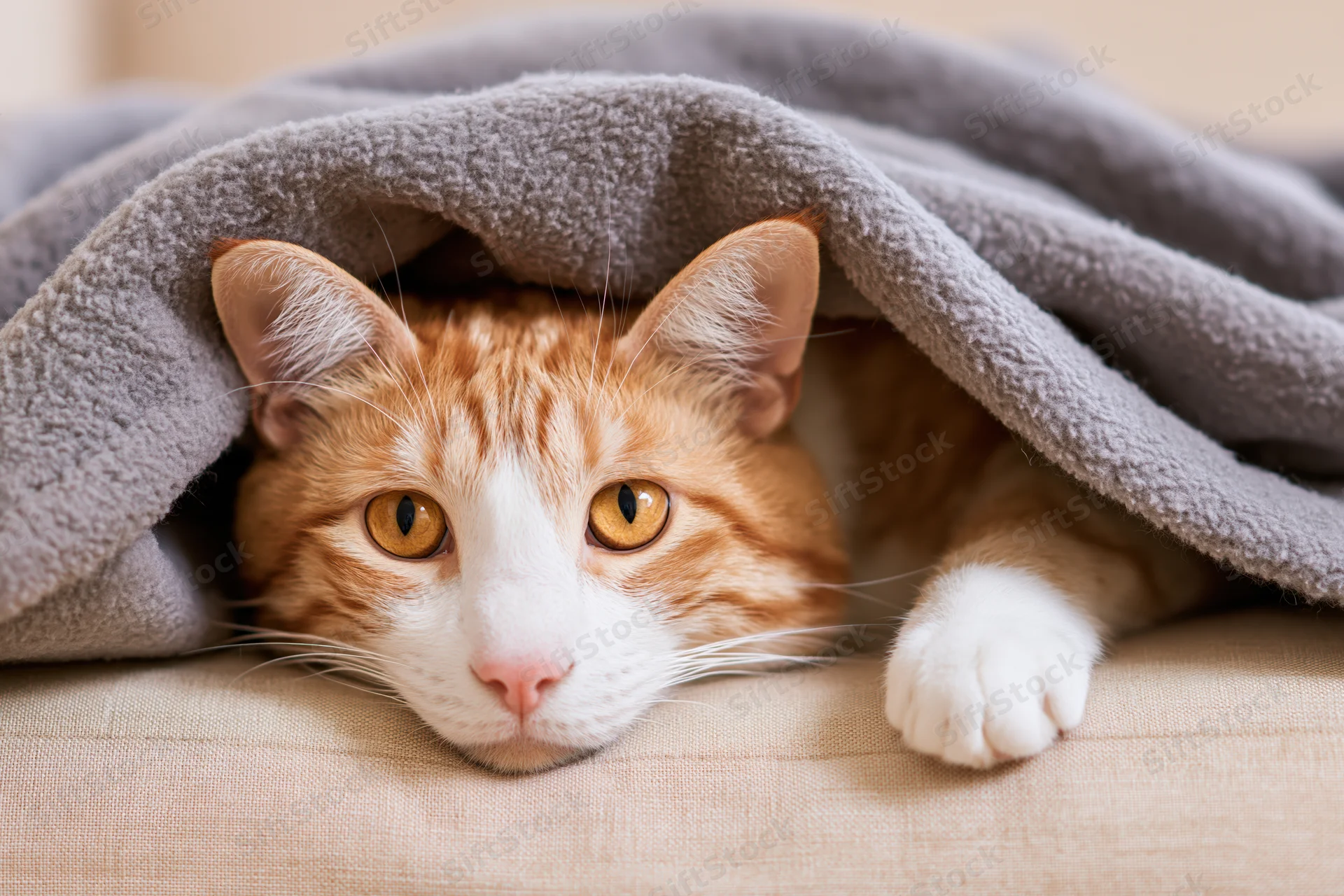 Orange tabby cat peeking from under grey fleece blanket on couch