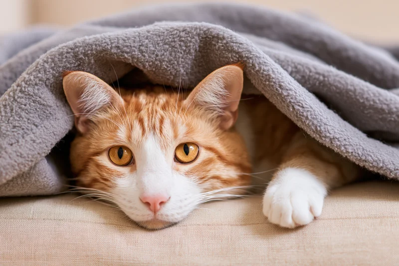 Orange tabby cat peeking from under grey fleece blanket on couch