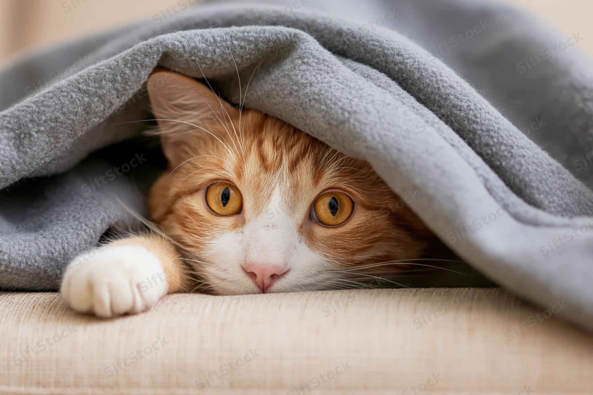 Orange tabby cat peeking from under grey fleece blanket on couch