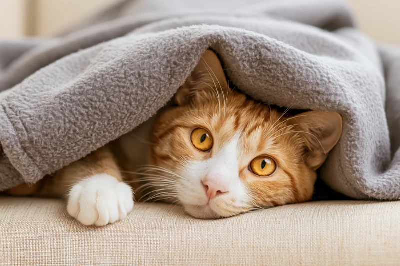 Orange tabby cat peeking from under grey fleece blanket on sofa
