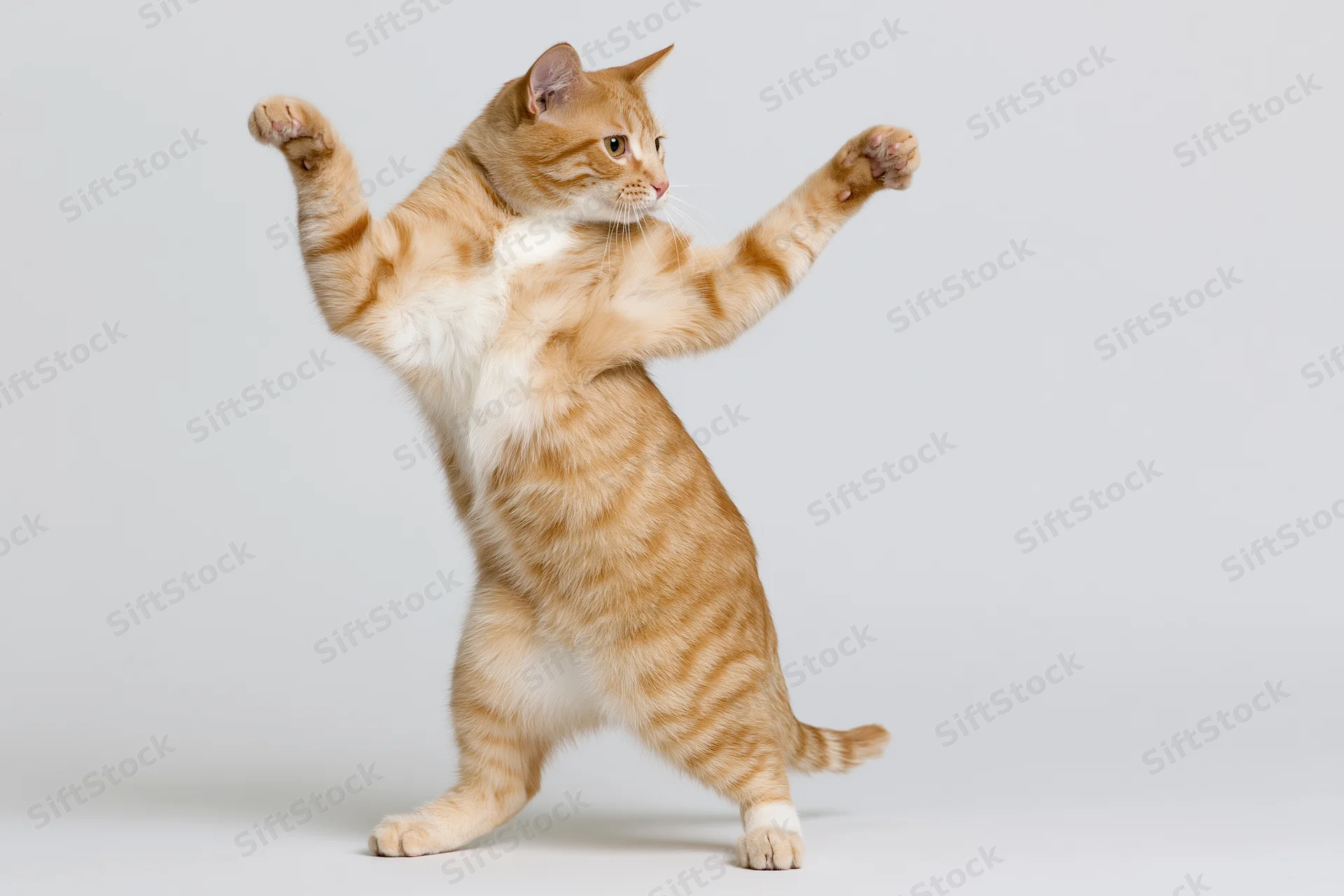Orange tabby cat standing on hind legs with front paws raised in playful pose against white background