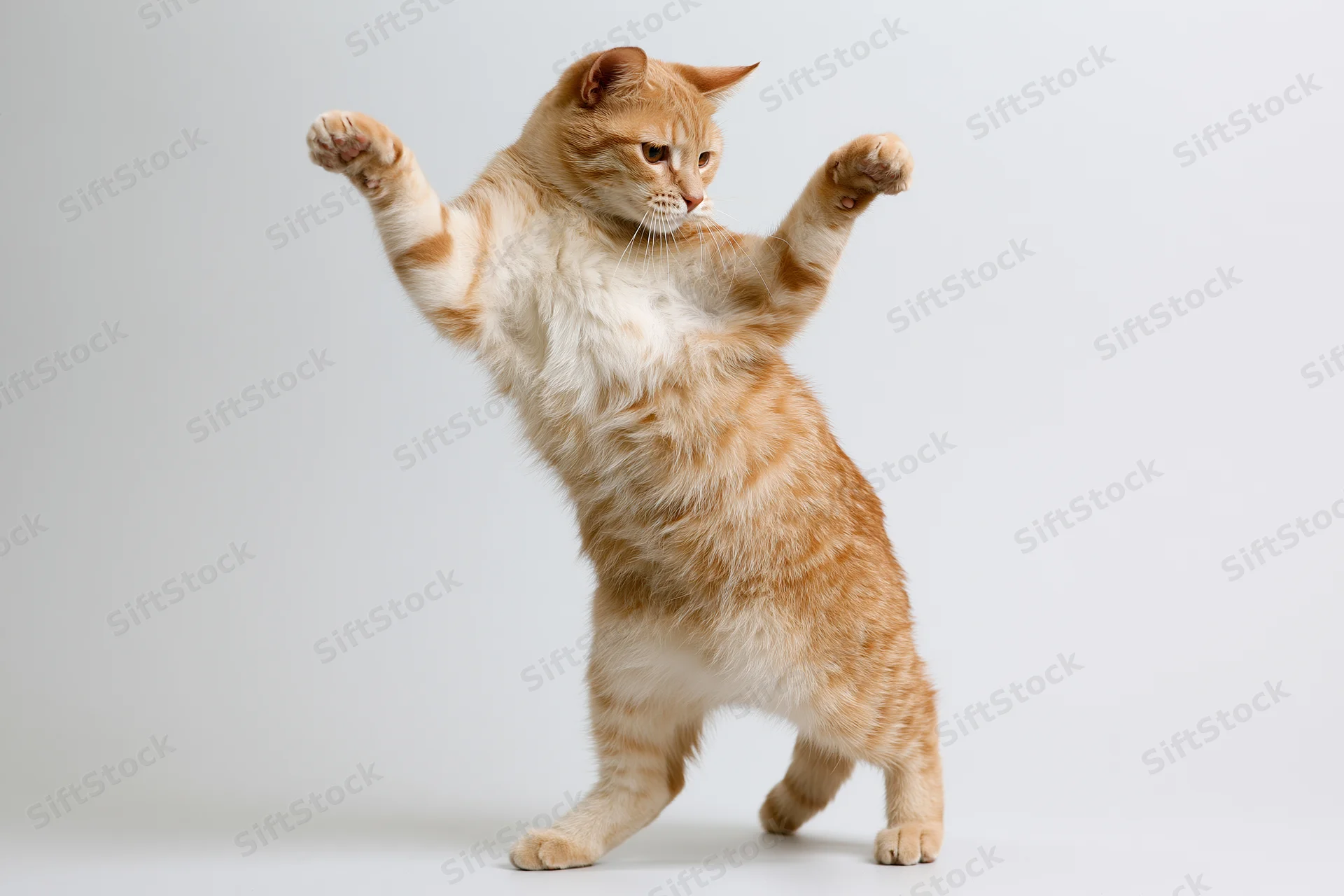 Orange tabby cat standing on hind legs with front paws raised in a playful pose against a white background